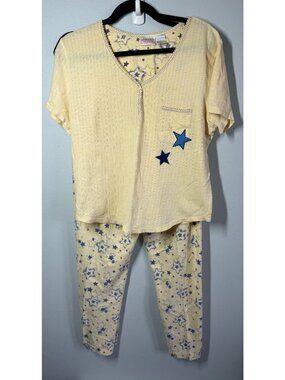 Body Drama Pajama Set Womens Medium Yellow/Blue Stars Short Sleeve Lounge PJ's